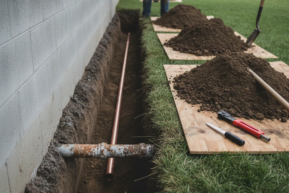 Excavated water line trench during Water Softener Installation in Clear Brook